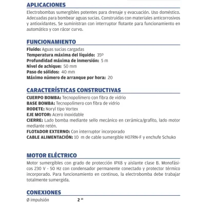 BOMBA SUMERGIBLE DIRTY-1300 230V 1,75HP 