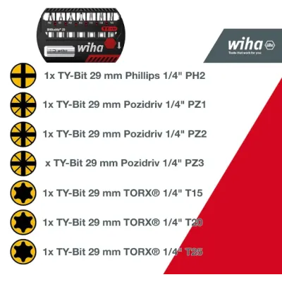 JUEGO BITS PHILIPS POZIDRIV TORX BITBUDDY TY 29MM 42137 X 8UND.WIHA