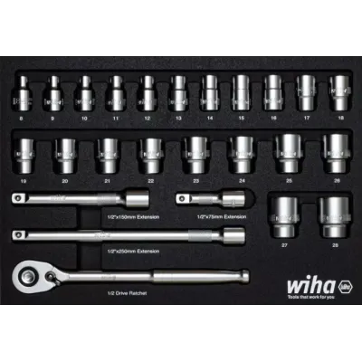 JUEGO LLAVES CARRACA 1/2" PLANTILLA ESPUMA 44740 25 PZS. WIHA