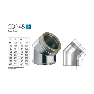 CODO DOBLE PARED CDPS 150MM X 45GRAD.  ACERO INOX. AISI 304 40012150 BOFILL