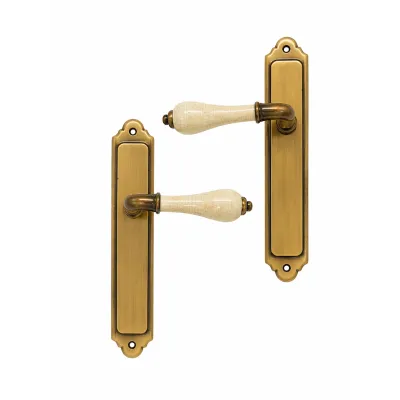 JUEGO MANIVELAS C/PLACA 2720/270mm CER.CRAQUELE LATON BRONCE INGLES BACCO