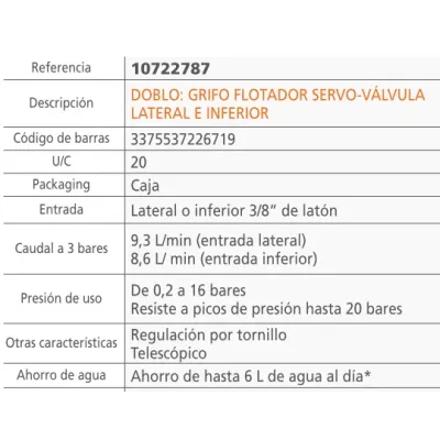 GRIFO FLOTADOR DOBLO SERVO-VALVULA LATERAL E INFERIOR 10722787 WIRQUIN