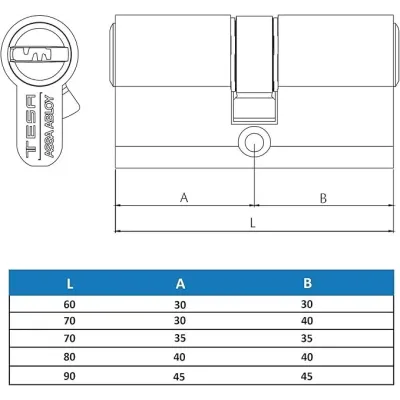 CILINDRO SEGURIDAD T60 T655/30x50 5 LLAVES R15 LEVA LARGA LATON PULIDO TESA
