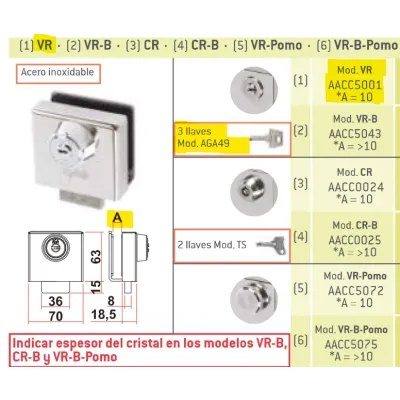 CERRADURA PUERTA CRISTAL VR INOX LLAVE PUNTO SAG