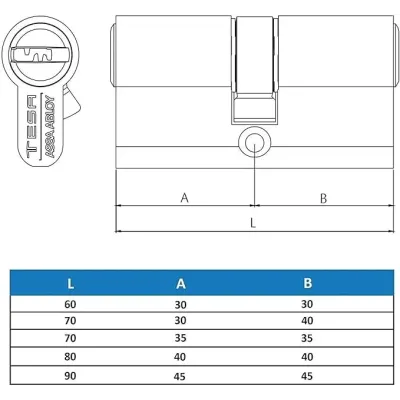 CILINDRO SEGURIDAD T60 30X60 5 LLAVES R13 LEVA CORTA NIQUEL TESA